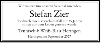 Traueranzeige von Stefan Zier von HERSFELDER ZEITUNG