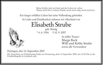 Traueranzeige von Elisabeth Strube von HERSFELDER ZEITUNG