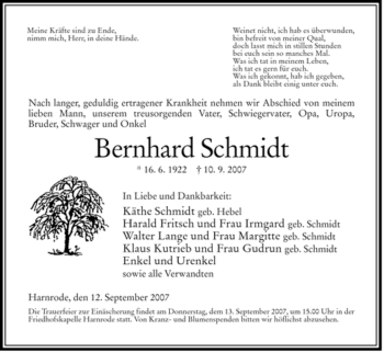 Traueranzeige von Bernhard Schmidt von HERSFELDER ZEITUNG