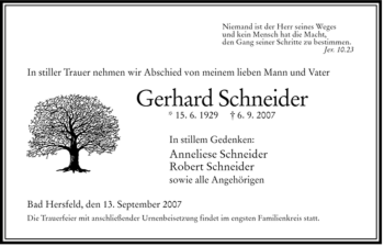 Traueranzeige von Gerhard Schneider von HERSFELDER ZEITUNG