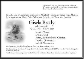 Traueranzeige von Gisela Bredy von HERSFELDER ZEITUNG