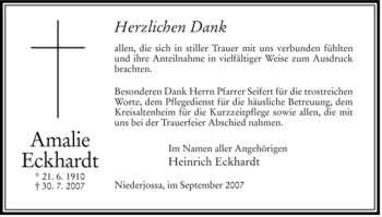 Traueranzeige von Amalie Eckhardt von HERSFELDER ZEITUNG