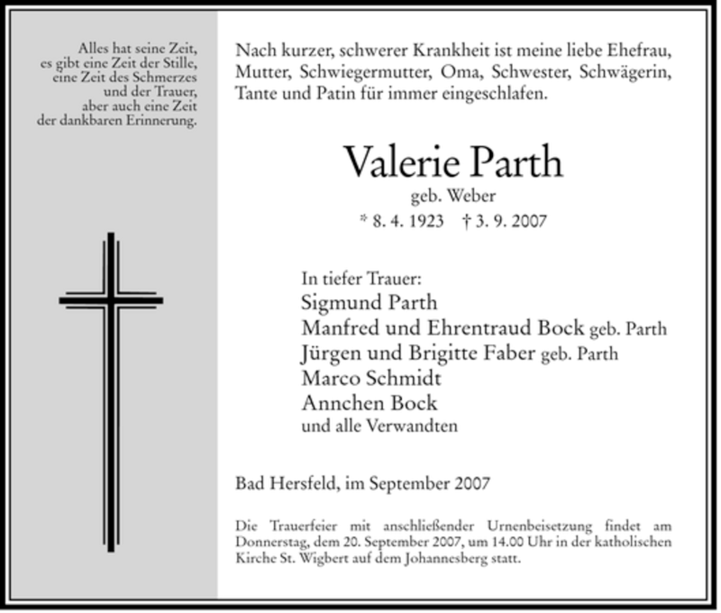  Traueranzeige für Valerie Parth vom 15.09.2007 aus HERSFELDER ZEITUNG
