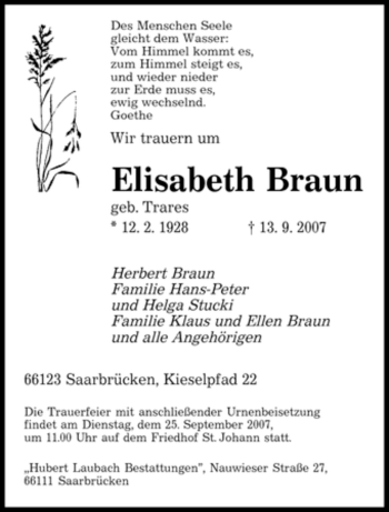 Traueranzeige von Elisabeth Braun von HERSFELDER ZEITUNG