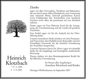 Traueranzeige von Heinrich Klotzbach von HERSFELDER ZEITUNG