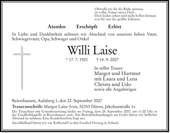 Traueranzeige von Willi Laise von HERSFELDER ZEITUNG