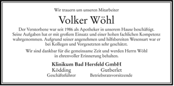 Traueranzeige von Volker Wöhl von HERSFELDER ZEITUNG