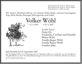 Traueranzeige von Volker Wöhl von HERSFELDER ZEITUNG