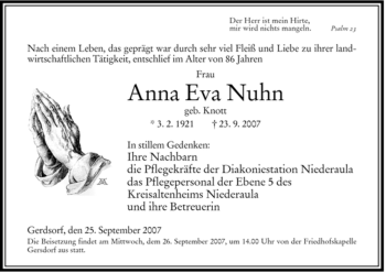 Traueranzeige von Anna Eva Nuhn von HERSFELDER ZEITUNG