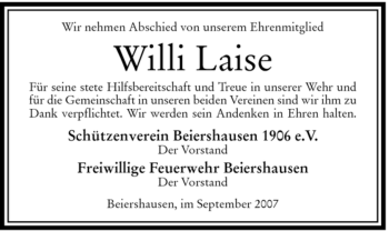 Traueranzeige von Willi Laise von HERSFELDER ZEITUNG