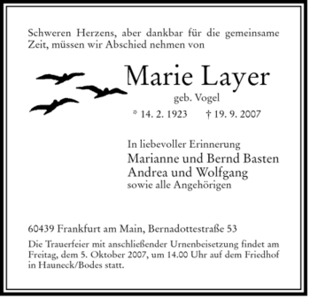 Traueranzeige von Marie Layer von HERSFELDER ZEITUNG