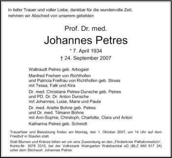 Traueranzeige von Johannes Petres von HERSFELDER ZEITUNG