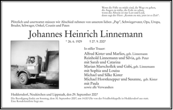 Traueranzeige von Johannes Heinrich Linnemann von HERSFELDER ZEITUNG