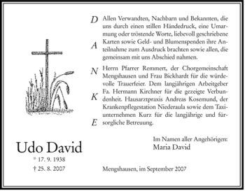 Traueranzeige von Udo David von HERSFELDER ZEITUNG