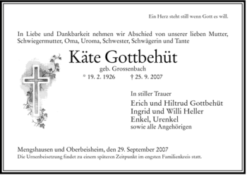 Traueranzeige von Käte Gottbehüt von HERSFELDER ZEITUNG