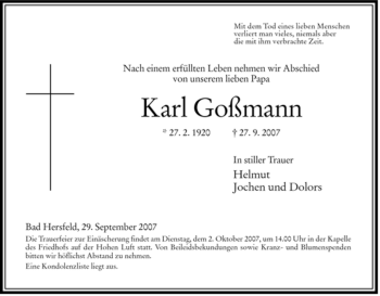 Traueranzeige von Karl Goßmann von HERSFELDER ZEITUNG