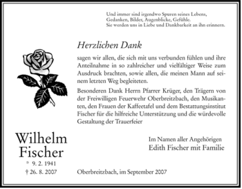 Traueranzeige von Wilhelm Fischer von HERSFELDER ZEITUNG