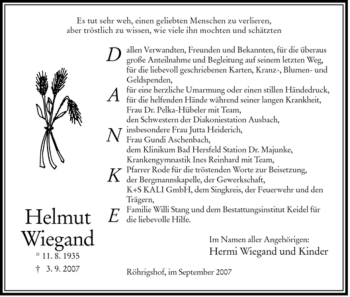 Traueranzeige von Helmut Wiegand von HERSFELDER ZEITUNG