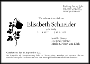 Traueranzeige von Elisabeth Schneider von HERSFELDER ZEITUNG