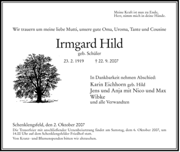 Traueranzeige von Irmgard Hild von HERSFELDER ZEITUNG