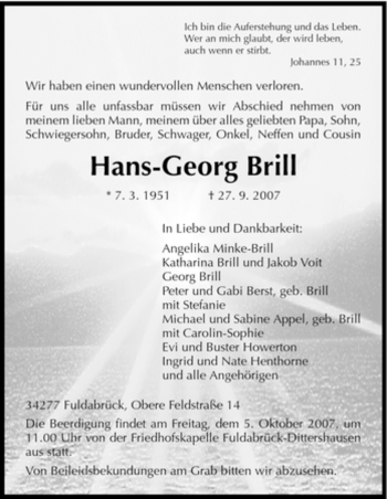 Traueranzeige von Hans-Georg Brill von HERSFELDER ZEITUNG