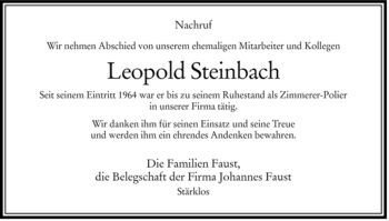 Traueranzeige von Leopold Steinbach von HERSFELDER ZEITUNG