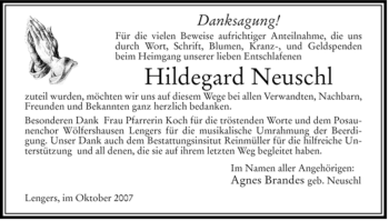 Traueranzeige von Hildegard Neuschl von HERSFELDER ZEITUNG