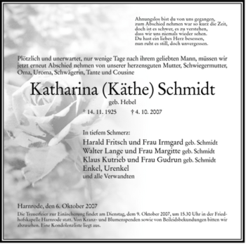 Traueranzeige von Katharina Schmidt von HERSFELDER ZEITUNG