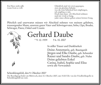 Traueranzeige von Gerhard Daube von HERSFELDER ZEITUNG