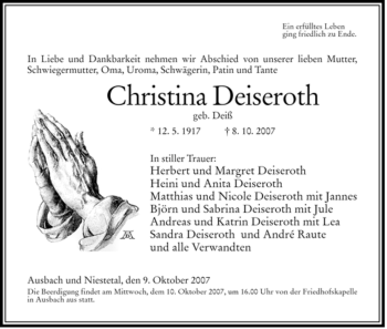 Traueranzeige von Christina Deiseroth von HERSFELDER ZEITUNG