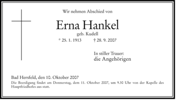 Traueranzeige von Erna Hankel von HERSFELDER ZEITUNG