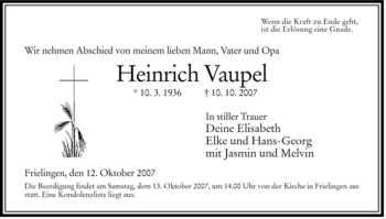 Traueranzeige von Heinrich Vaupel von HERSFELDER ZEITUNG