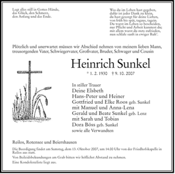 Traueranzeige von Heinrich Sunkel von HERSFELDER ZEITUNG