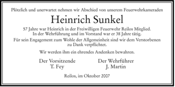 Traueranzeige von Heinrich Sunkel von HERSFELDER ZEITUNG