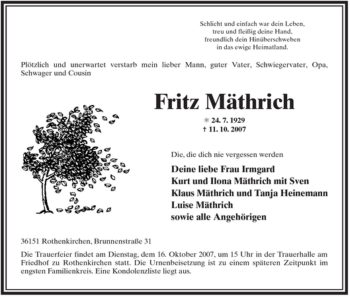 Traueranzeige von Fritz Mäthrich von HERSFELDER ZEITUNG