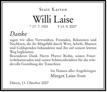 Traueranzeige von Willi Laise von HERSFELDER ZEITUNG