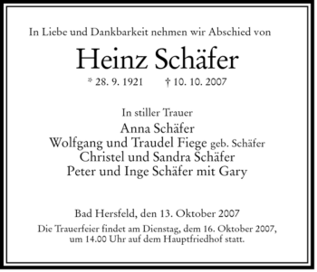 Traueranzeige von Heinz Schäfer von HERSFELDER ZEITUNG