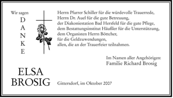 Traueranzeige von Elsa Brosig von HERSFELDER ZEITUNG