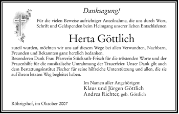 Traueranzeige von Herta Göttlich von HERSFELDER ZEITUNG