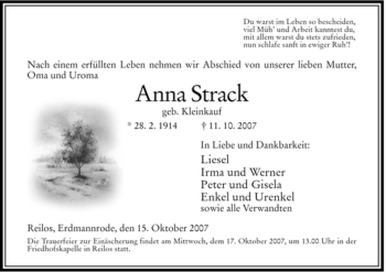 Traueranzeige von Anna Strack von HERSFELDER ZEITUNG