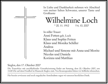 Traueranzeige von Wilhelmine Loch von HERSFELDER ZEITUNG