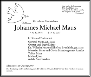 Traueranzeige von Johannes Michael Maus von HERSFELDER ZEITUNG