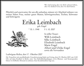 Traueranzeige von Erika Leimbach von HERSFELDER ZEITUNG