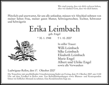 Traueranzeige von Erika Leimbach von HERSFELDER ZEITUNG