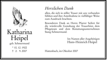 Traueranzeige von Katharina Heipel von HERSFELDER ZEITUNG