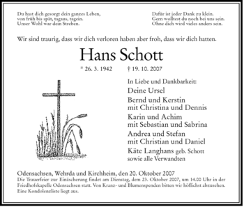 Traueranzeige von Hans Schott von HERSFELDER ZEITUNG