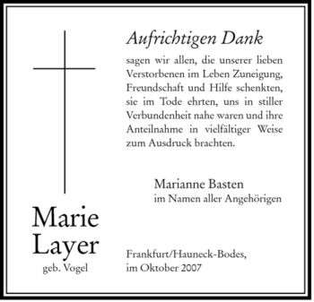 Traueranzeige von Marie Layer von HERSFELDER ZEITUNG