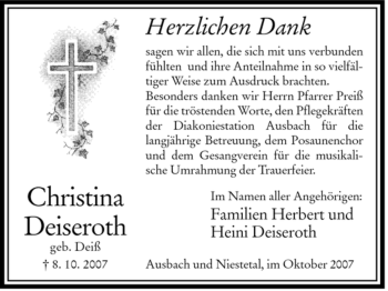 Traueranzeige von Christina Deiseroth von HERSFELDER ZEITUNG
