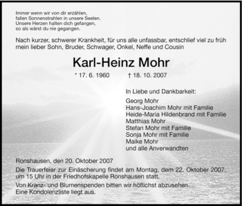 Traueranzeige von Karl-Heinz Mohr von HERSFELDER ZEITUNG