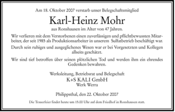 Traueranzeige von Karl-Heinz Mohr von HERSFELDER ZEITUNG